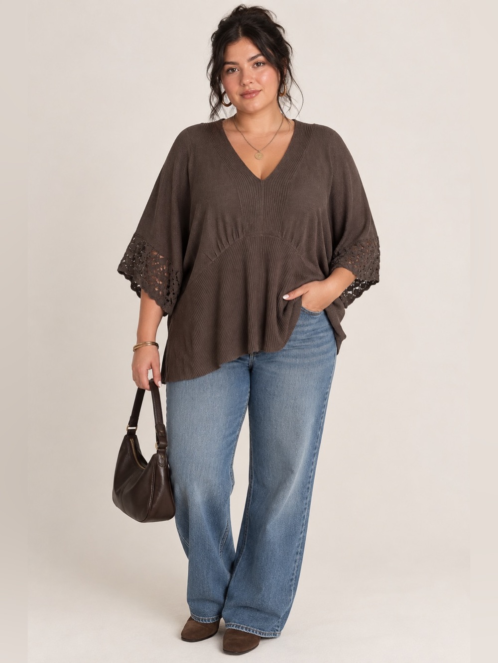 Chocolate Brown Cozy Knit V-Neck Dolman Crochet  Sleeve Size 18/20